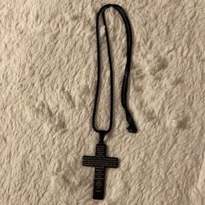 Black Stainless Steel Cross Necklace with Prayer and USA Flag On Other Side 22”
